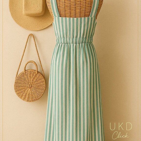 Green & White Striped Sleeveless Maxi Dress With Elastic Waist & Square Neckline - Picture 3 of 14